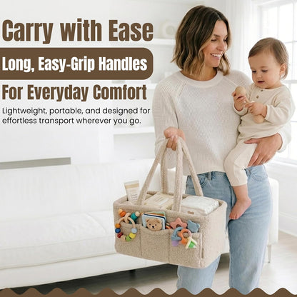 Baby Diaper Caddy Organizer - Soft Beige Sherpa Diaper Storage Bag | Nursery Organizer with 3 Removable Compartments & 6 Side Pockets - Portable Baby Organizer for Diapers,Wipes & Essentials