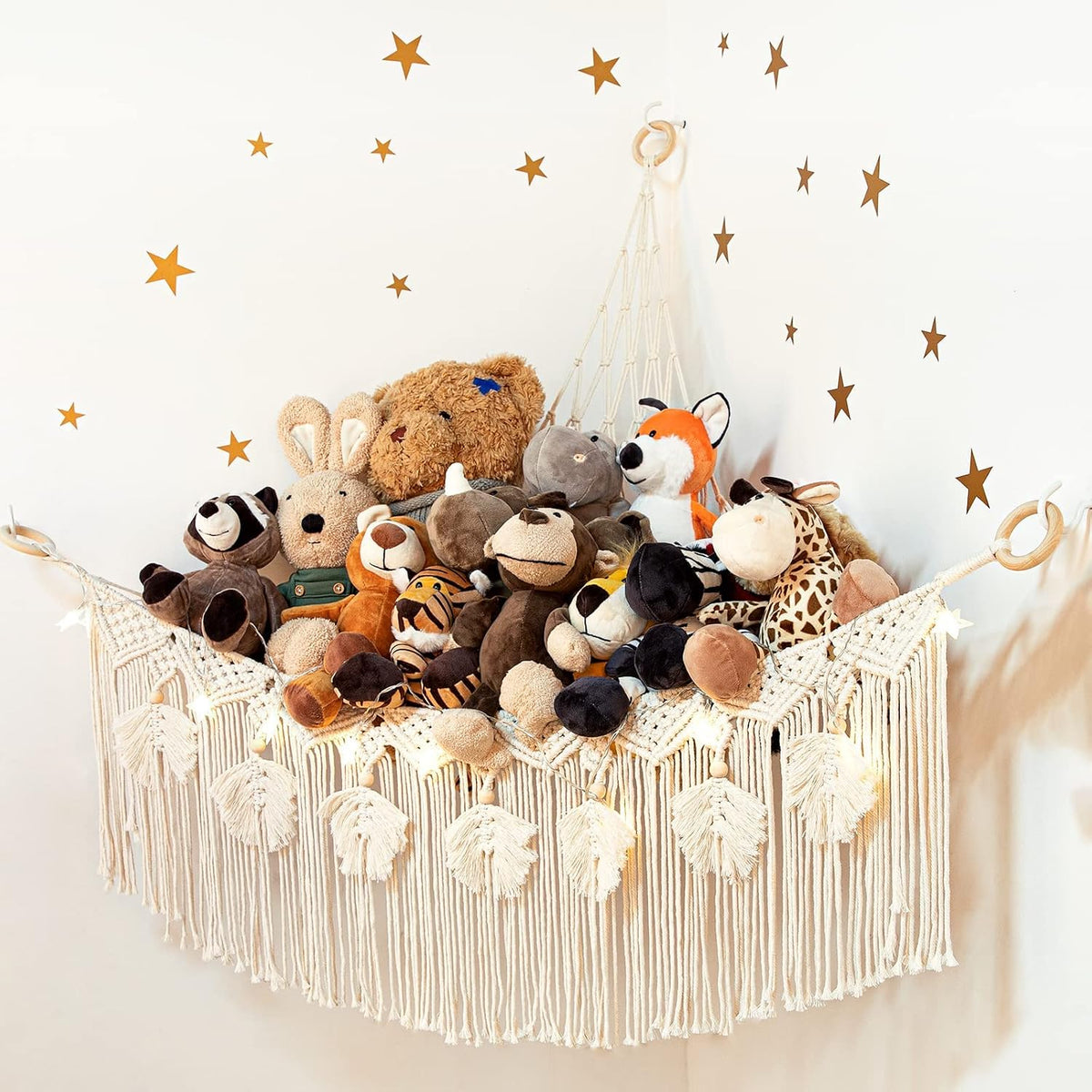 Macrame Stuffed Animal Storage with Star Light, Corner Hammock for Nursery