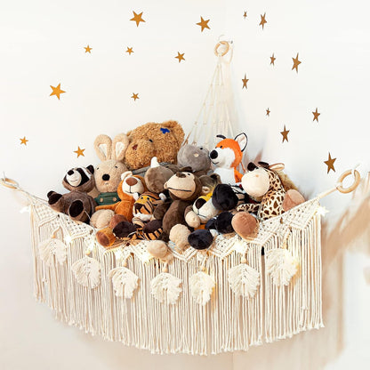 Macrame Stuffed Animal Storage with Star Light, Corner Hammock for Nursery