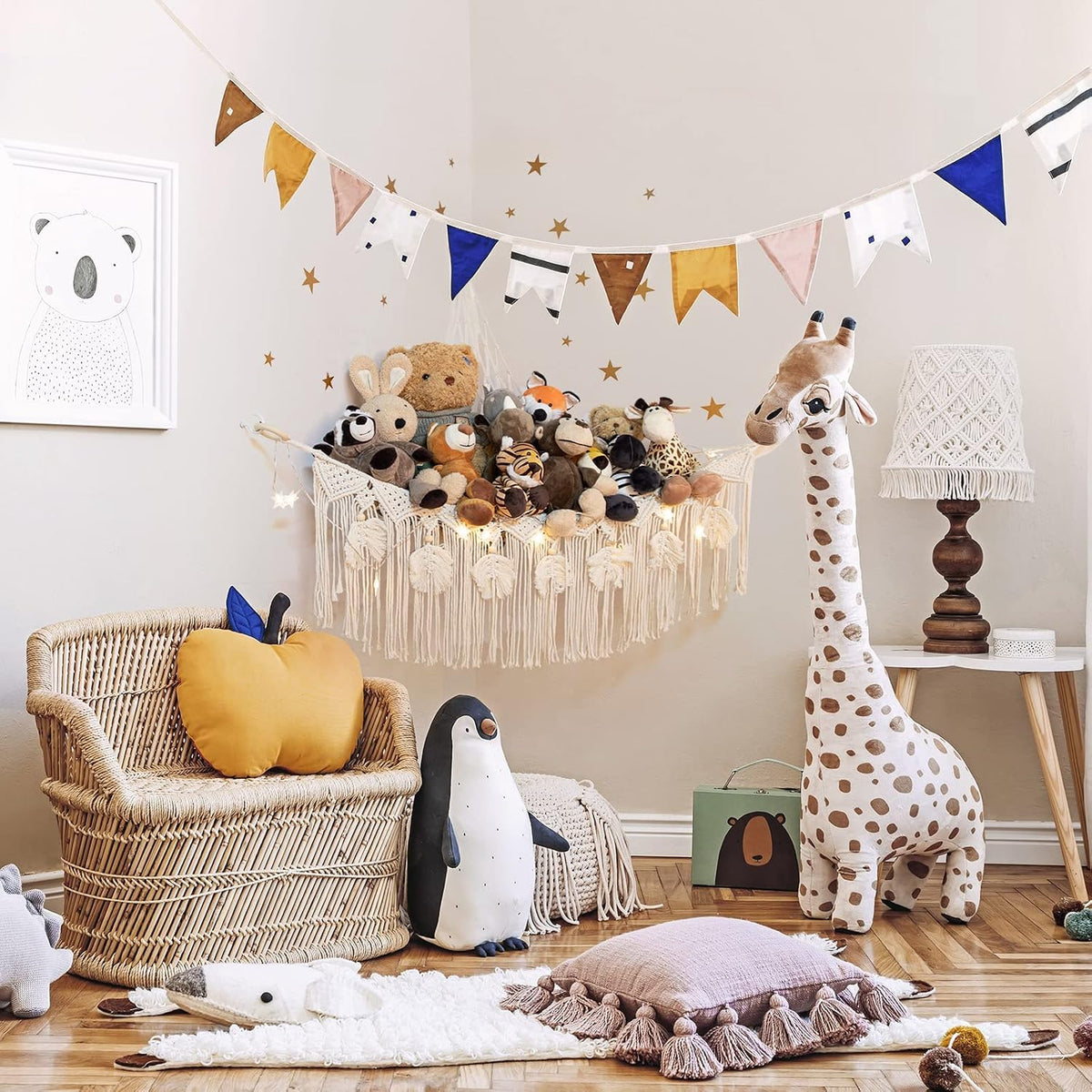 Macrame Stuffed Animal Storage with Star Light, Corner Hammock for Nursery