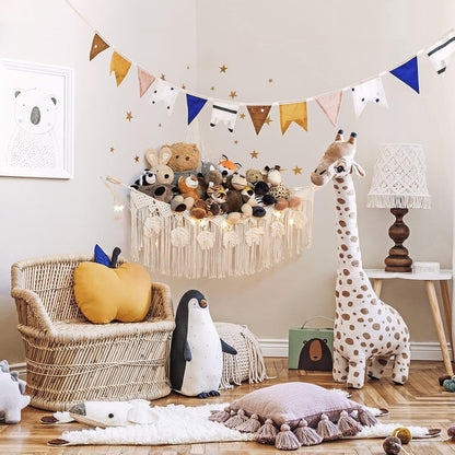 Macrame Stuffed Animal Storage with Star Light, Corner Hammock for Nursery