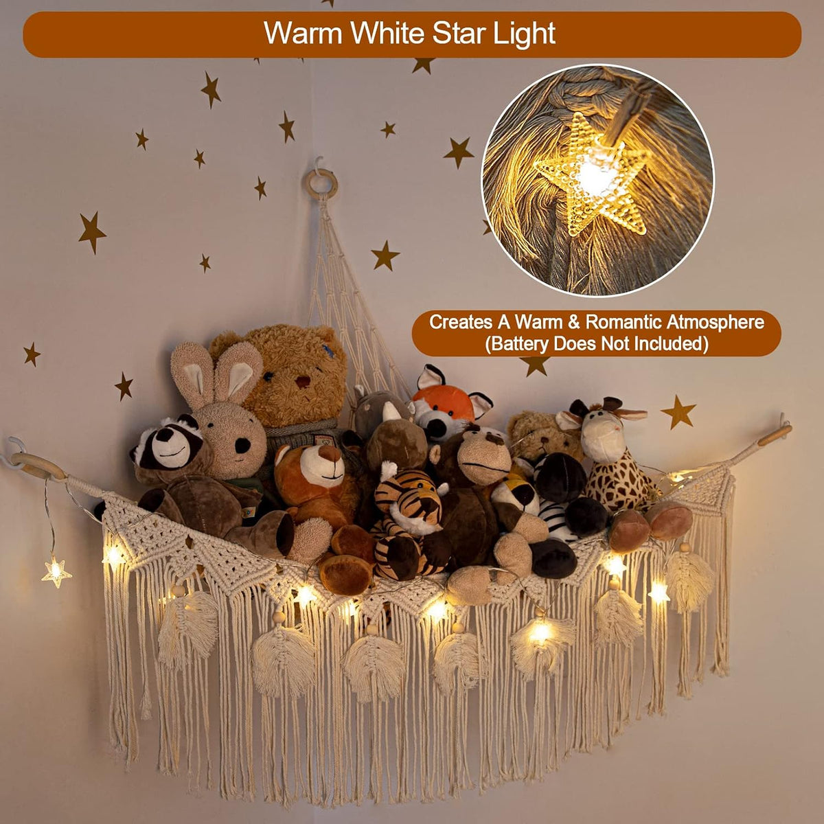 Macrame Stuffed Animal Storage with Star Light, Corner Hammock for Nursery