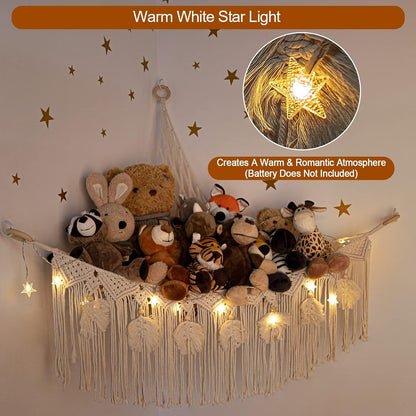 Macrame Stuffed Animal Storage with Star Light, Corner Hammock for Nursery
