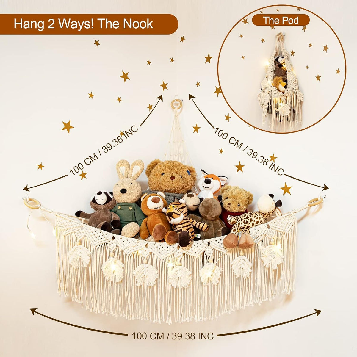 Macrame Stuffed Animal Storage with Star Light, Corner Hammock for Nursery