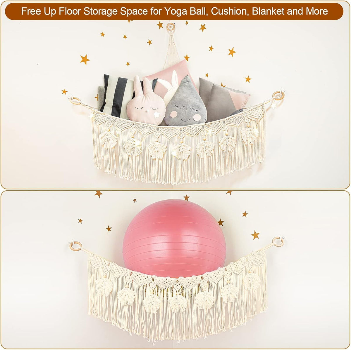 Macrame Stuffed Animal Storage with Star Light, Corner Hammock for Nursery