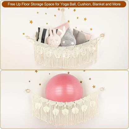 Macrame Stuffed Animal Storage with Star Light, Corner Hammock for Nursery