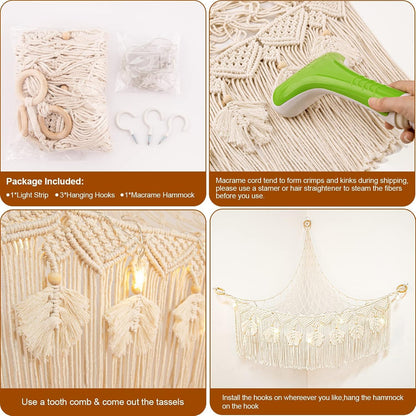 Macrame Stuffed Animal Storage with Star Light, Corner Hammock for Nursery