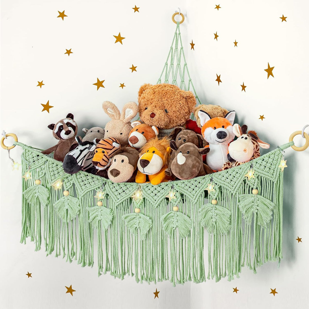 Macrame Stuffed Animal Storage with Star Light, Corner Hammock for Nursery