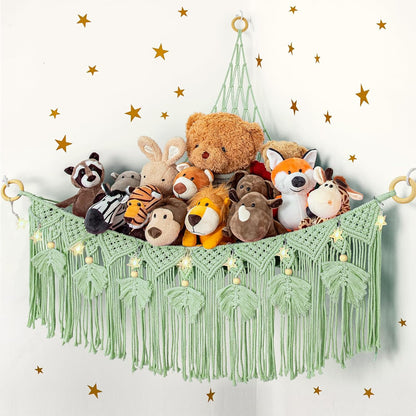 Macrame Stuffed Animal Storage with Star Light, Corner Hammock for Nursery