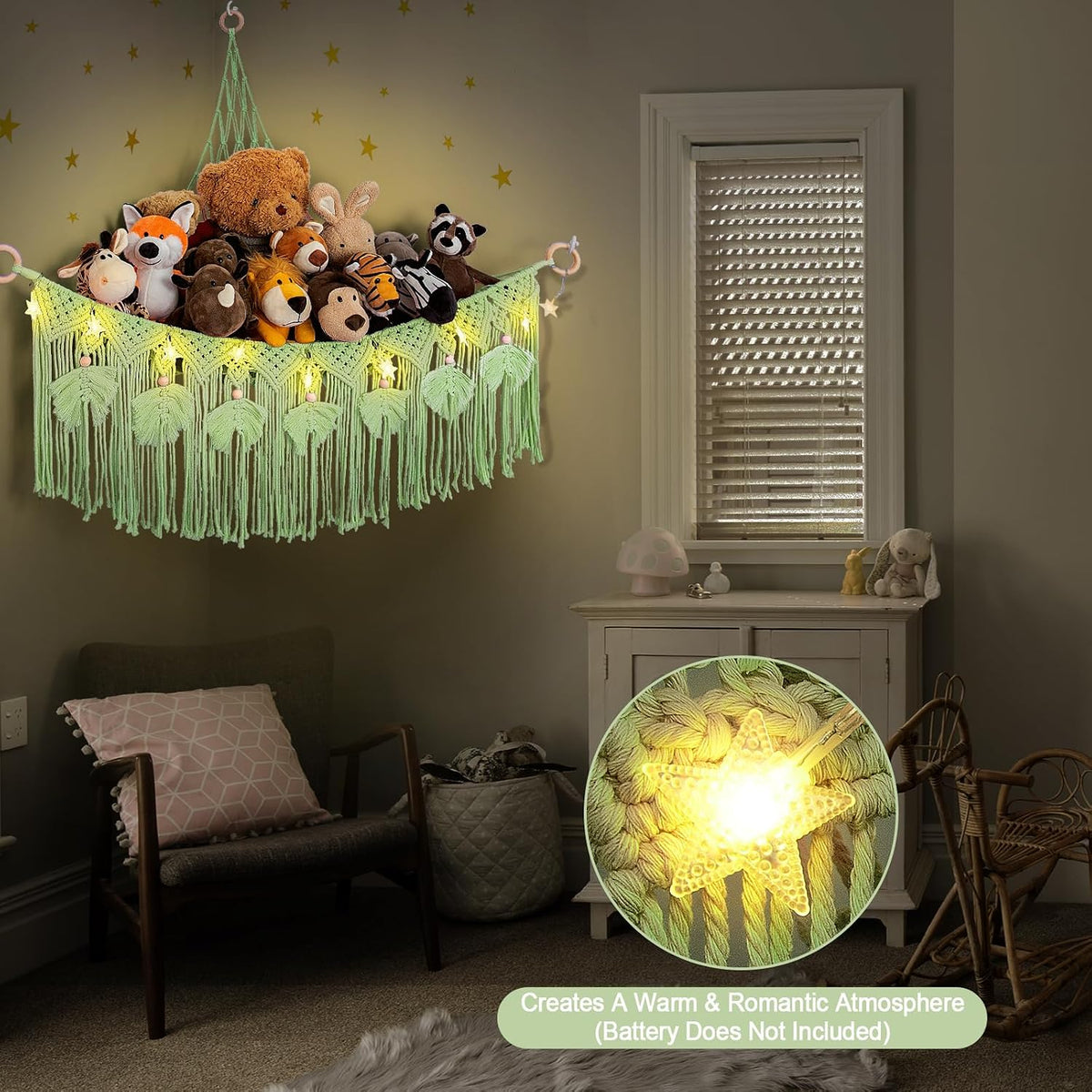 Macrame Stuffed Animal Storage with Star Light, Corner Hammock for Nursery