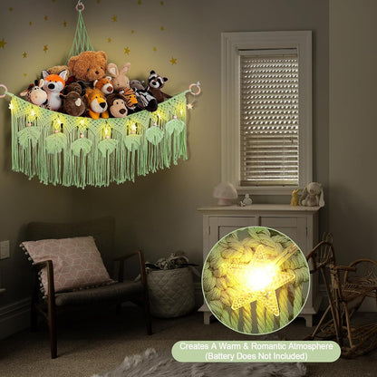 Macrame Stuffed Animal Storage with Star Light, Corner Hammock for Nursery