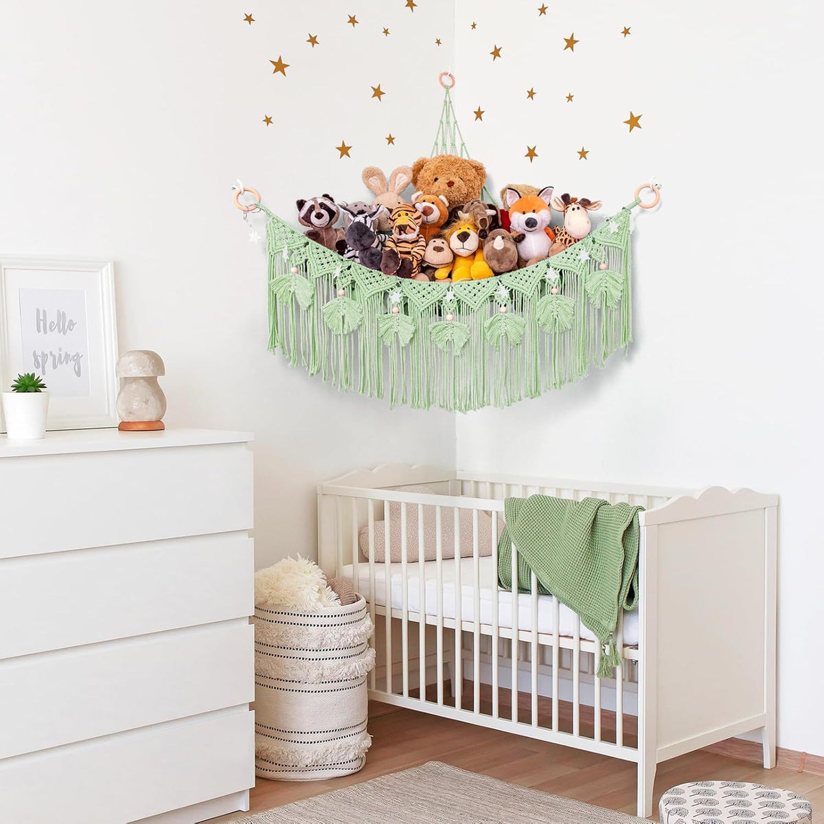 Macrame Stuffed Animal Storage with Star Light, Corner Hammock for Nursery