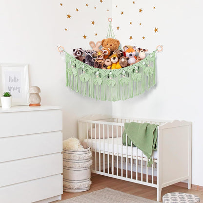 Macrame Stuffed Animal Storage with Star Light, Corner Hammock for Nursery