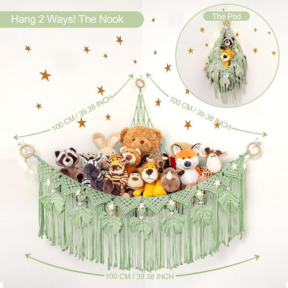 Macrame Stuffed Animal Storage with Star Light, Corner Hammock for Nursery
