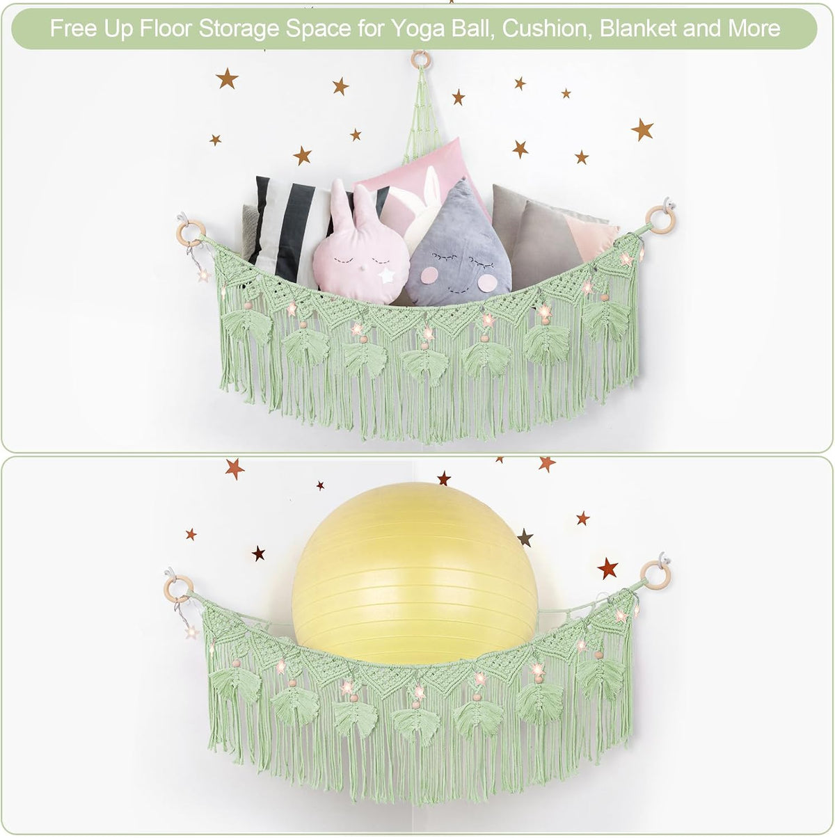 Macrame Stuffed Animal Storage with Star Light, Corner Hammock for Nursery