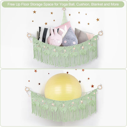 Macrame Stuffed Animal Storage with Star Light, Corner Hammock for Nursery