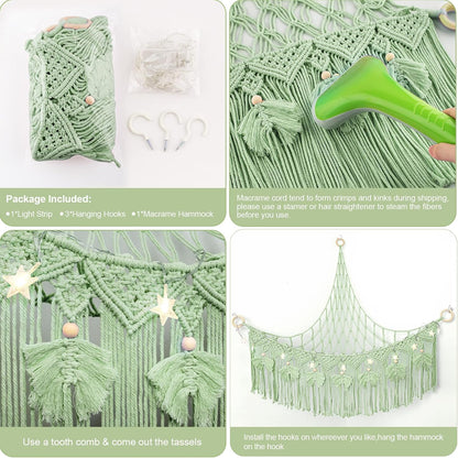 Macrame Stuffed Animal Storage with Star Light, Corner Hammock for Nursery