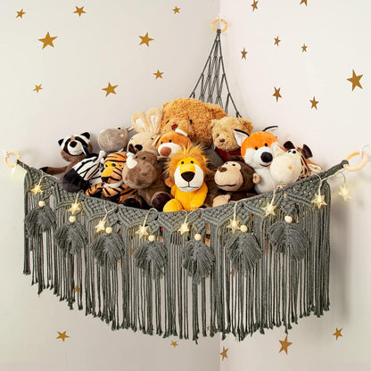 Macrame Stuffed Animal Storage with Star Light, Corner Hammock for Nursery