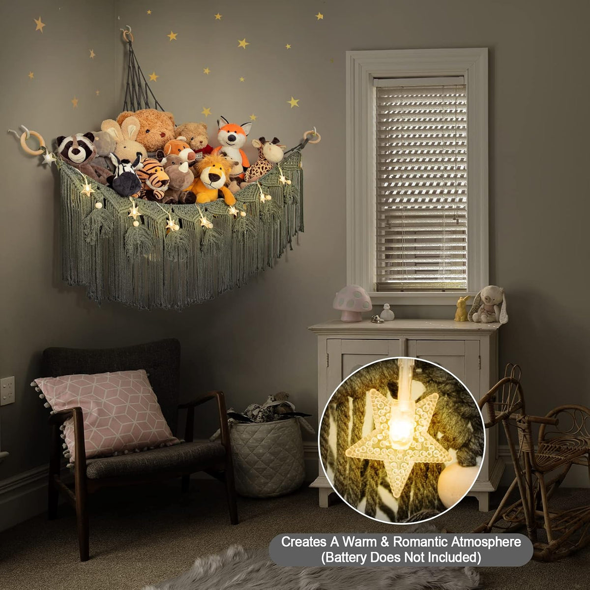 Macrame Stuffed Animal Storage with Star Light, Corner Hammock for Nursery
