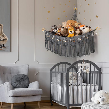 Macrame Stuffed Animal Storage with Star Light, Corner Hammock for Nursery