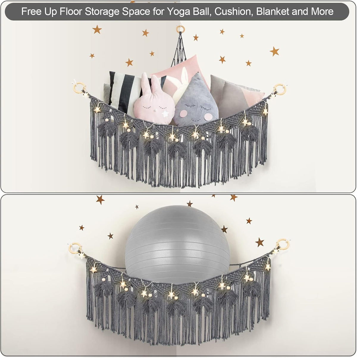 Macrame Stuffed Animal Storage with Star Light, Corner Hammock for Nursery