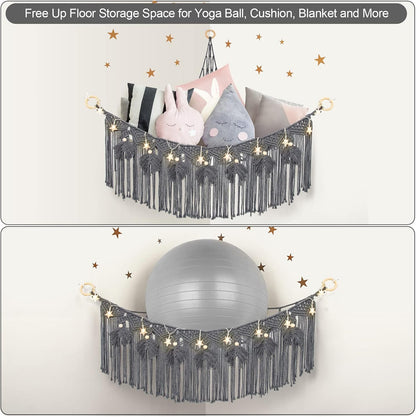 Macrame Stuffed Animal Storage with Star Light, Corner Hammock for Nursery
