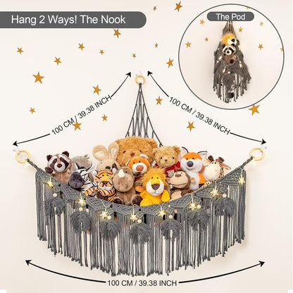 Macrame Stuffed Animal Storage with Star Light, Corner Hammock for Nursery