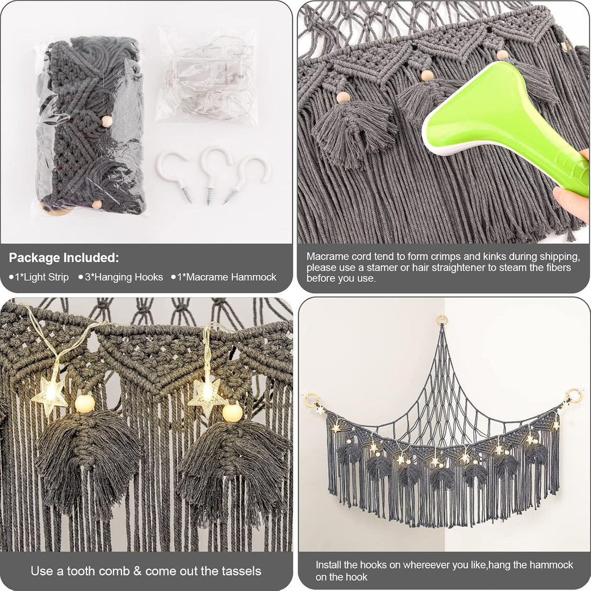 Macrame Stuffed Animal Storage with Star Light, Corner Hammock for Nursery