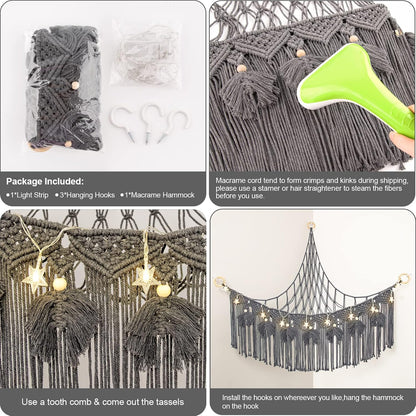 Macrame Stuffed Animal Storage with Star Light, Corner Hammock for Nursery