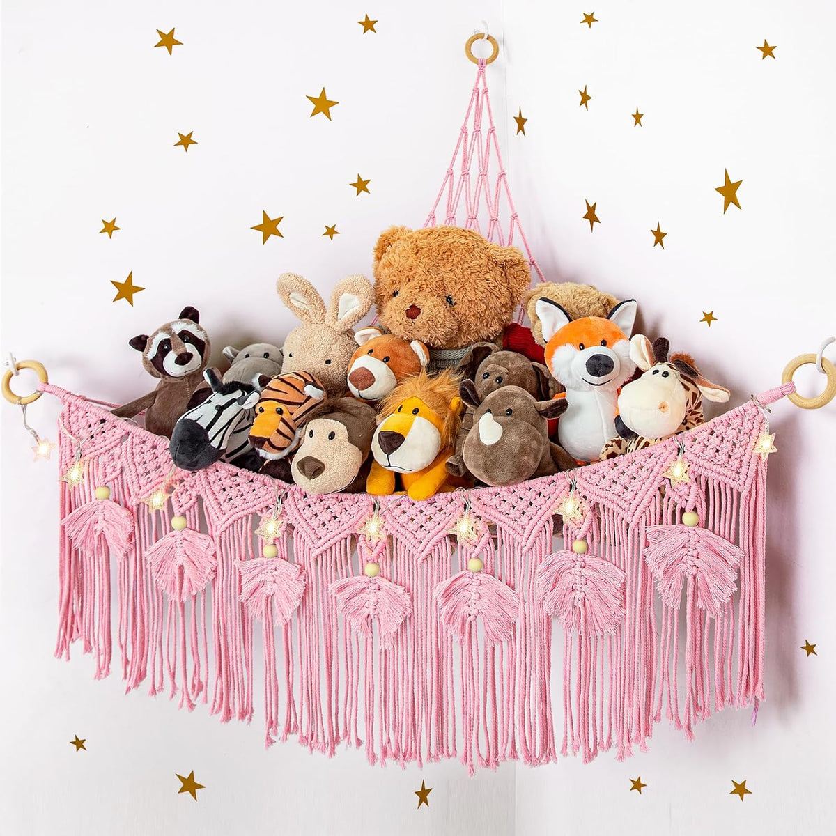 Macrame Stuffed Animal Storage with Star Light, Corner Hammock for Nursery