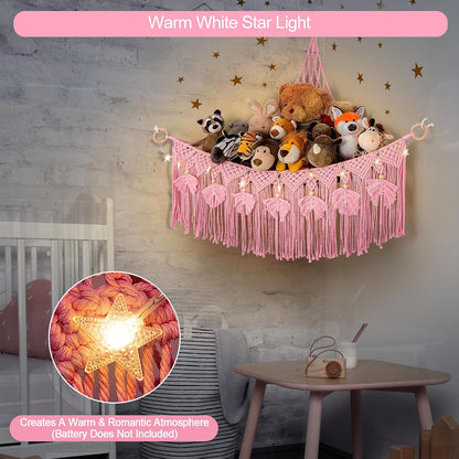 Macrame Stuffed Animal Storage with Star Light, Corner Hammock for Nursery