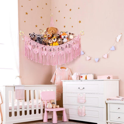 Macrame Stuffed Animal Storage with Star Light, Corner Hammock for Nursery