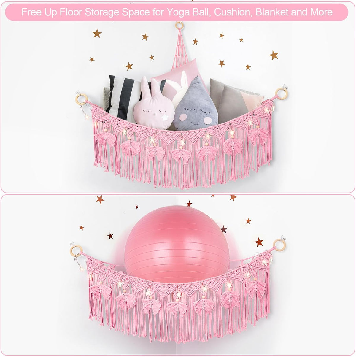 Macrame Stuffed Animal Storage with Star Light, Corner Hammock for Nursery
