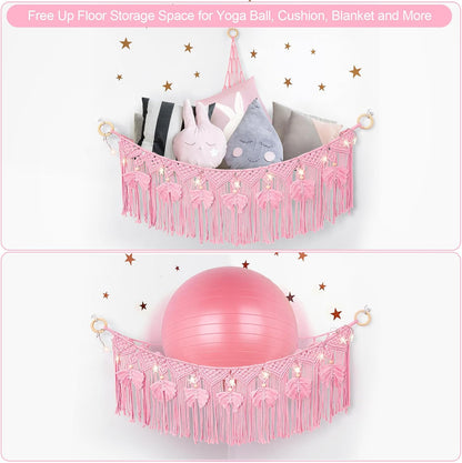 Macrame Stuffed Animal Storage with Star Light, Corner Hammock for Nursery