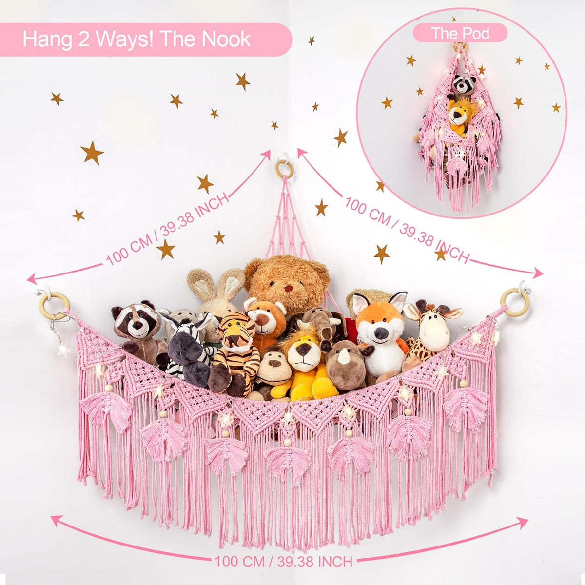 Macrame Stuffed Animal Storage with Star Light, Corner Hammock for Nursery