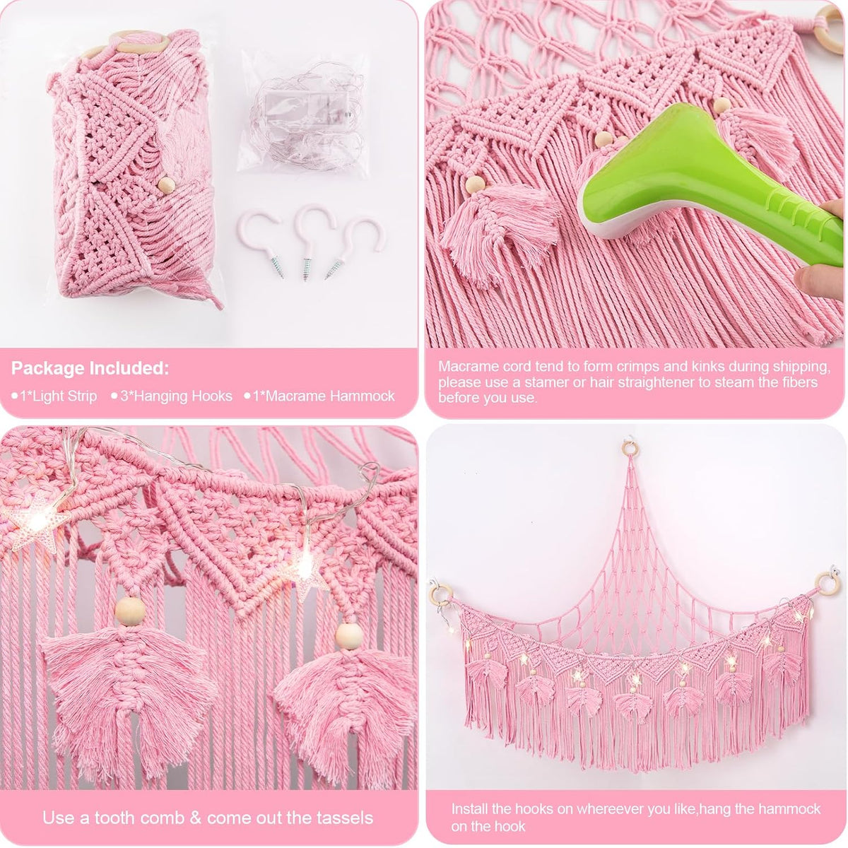 Macrame Stuffed Animal Storage with Star Light, Corner Hammock for Nursery