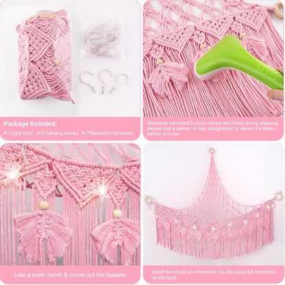 Macrame Stuffed Animal Storage with Star Light, Corner Hammock for Nursery
