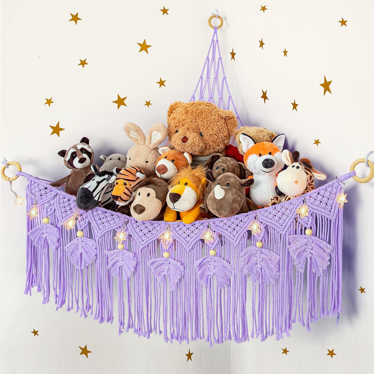 Macrame Stuffed Animal Storage with Star Light, Corner Hammock for Nursery