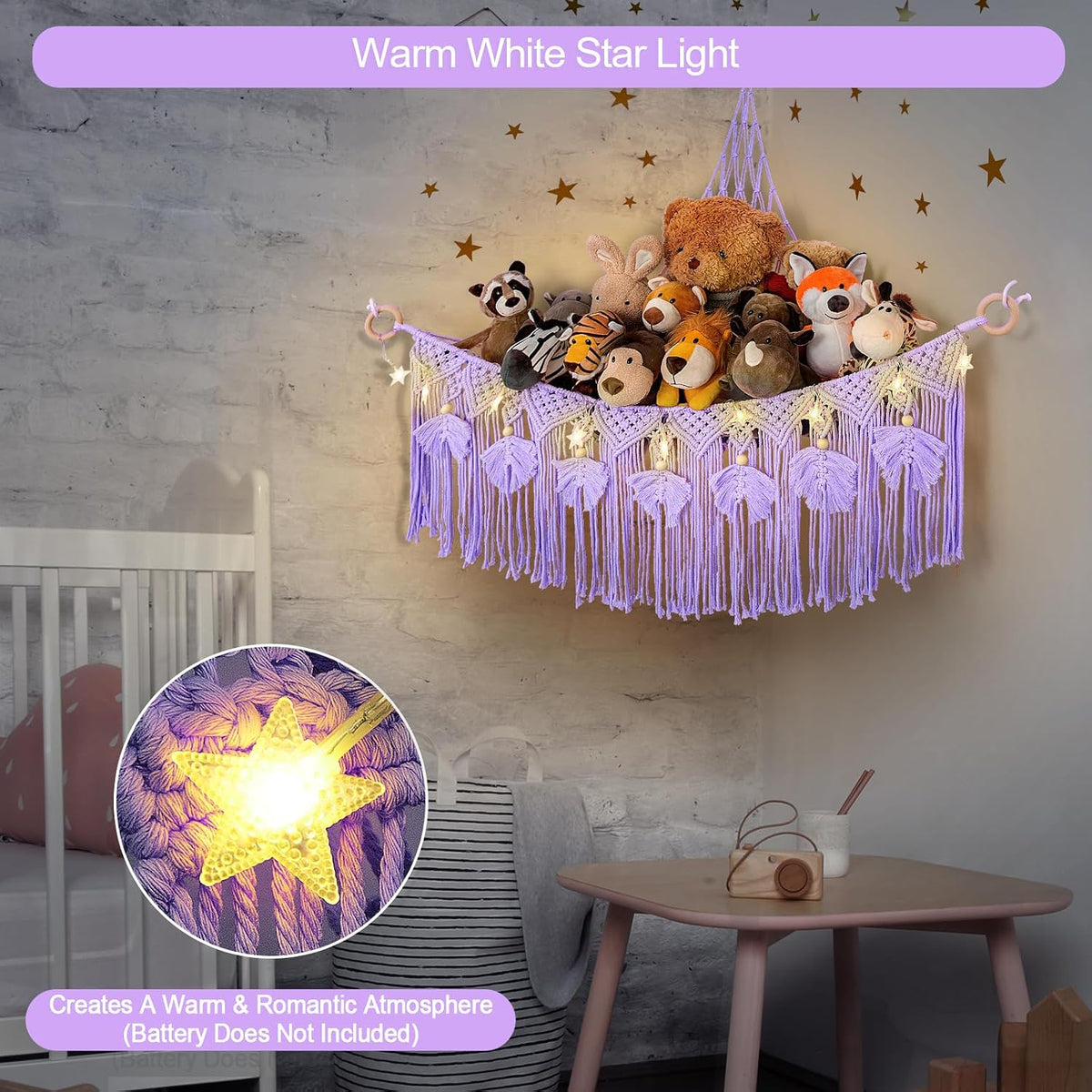 Macrame Stuffed Animal Storage with Star Light, Corner Hammock for Nursery