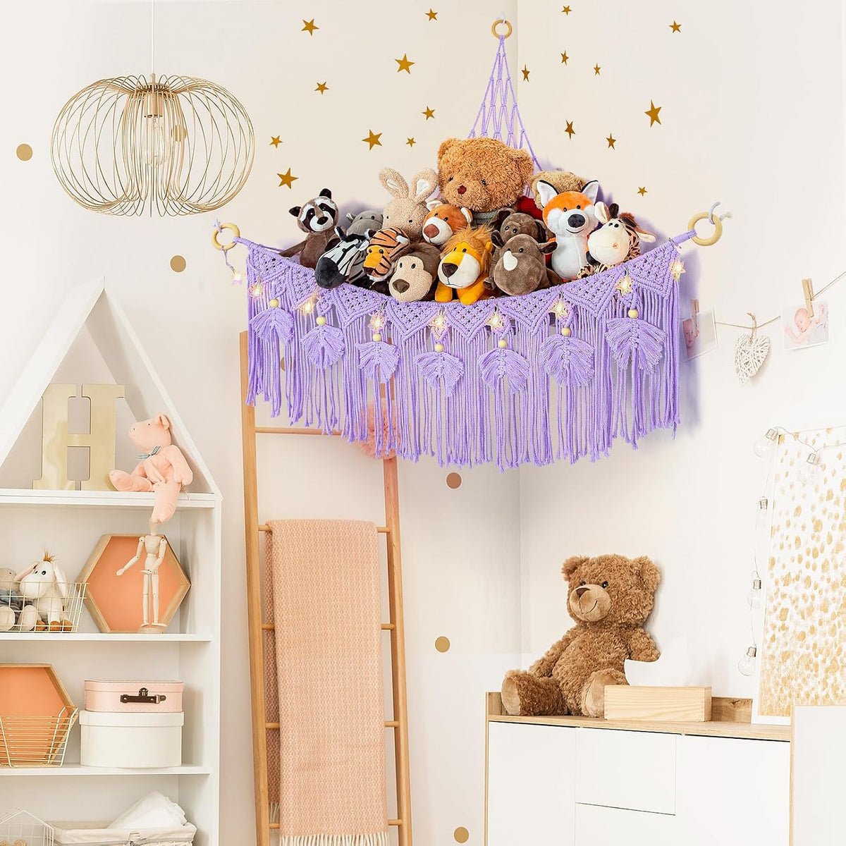 Macrame Stuffed Animal Storage with Star Light, Corner Hammock for Nursery