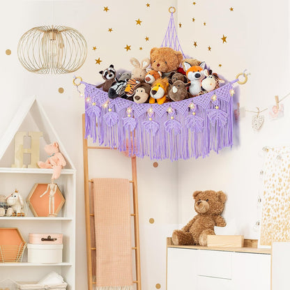Macrame Stuffed Animal Storage with Star Light, Corner Hammock for Nursery