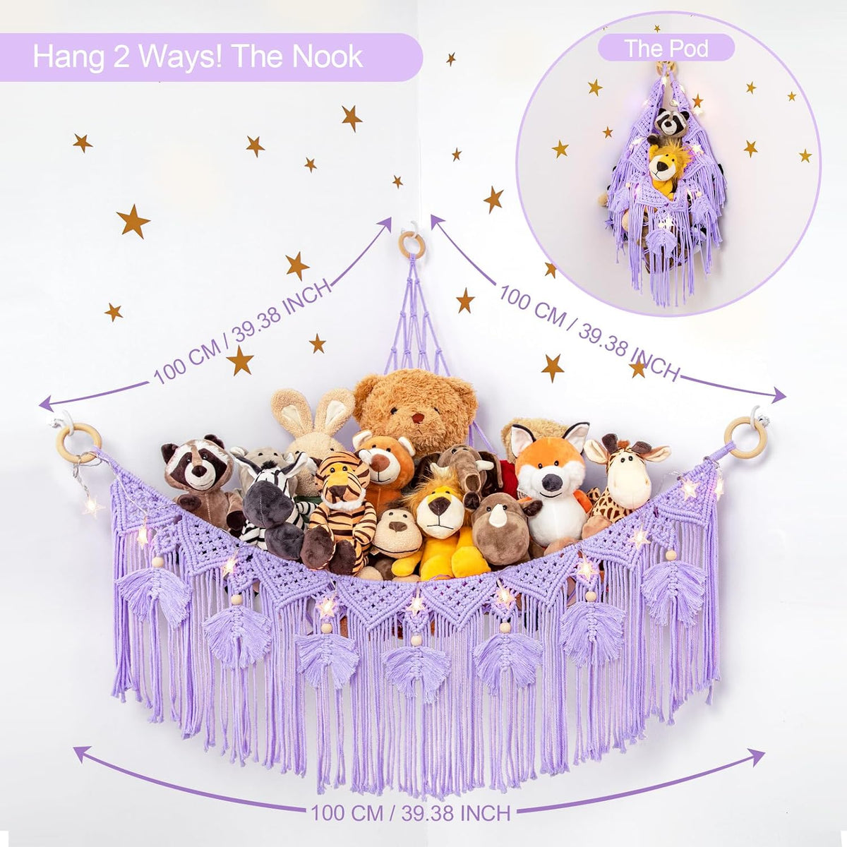Macrame Stuffed Animal Storage with Star Light, Corner Hammock for Nursery