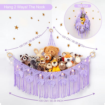 Macrame Stuffed Animal Storage with Star Light, Corner Hammock for Nursery