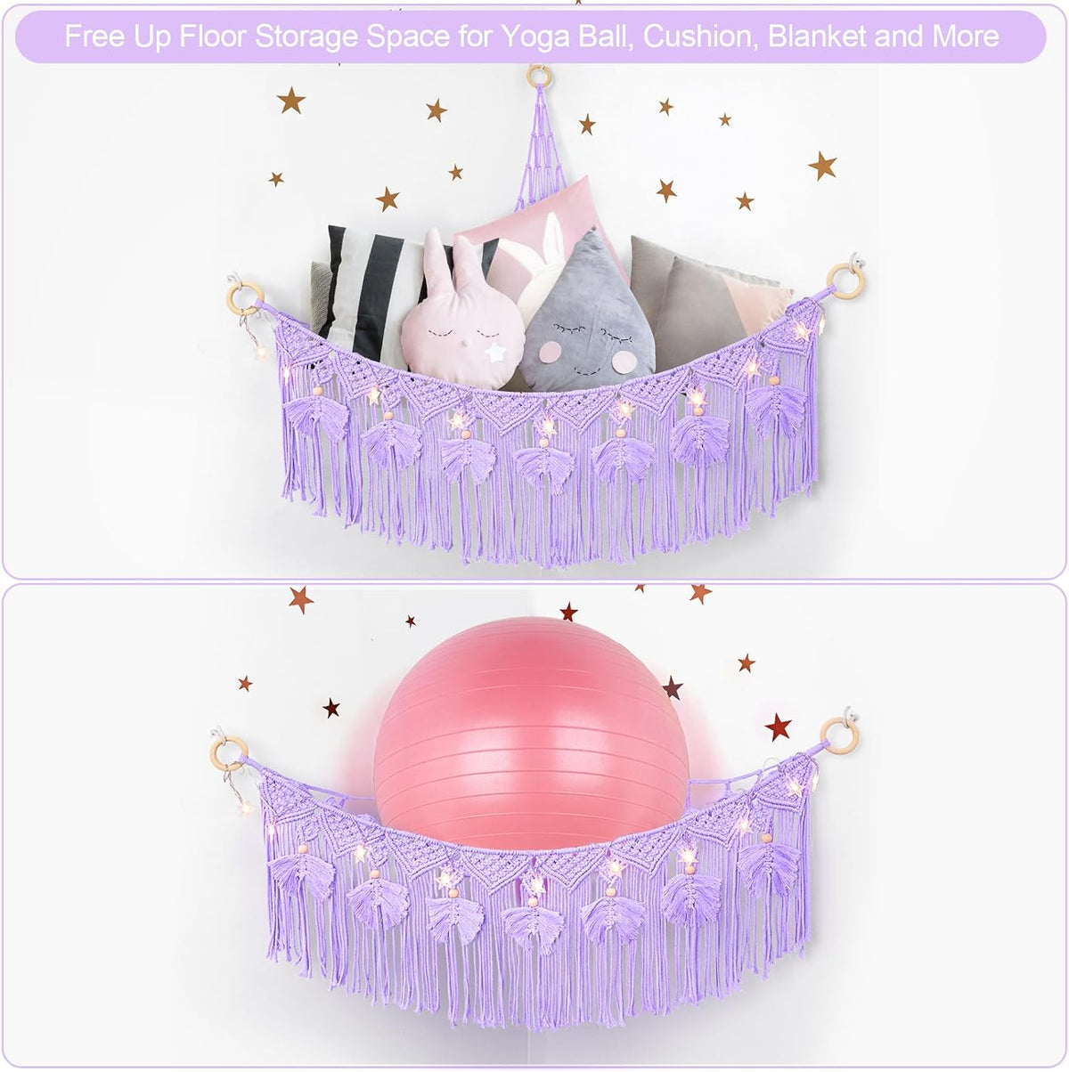 Macrame Stuffed Animal Storage with Star Light, Corner Hammock for Nursery