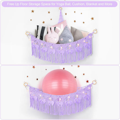 Macrame Stuffed Animal Storage with Star Light, Corner Hammock for Nursery