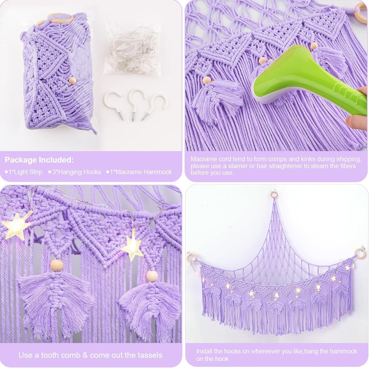 Macrame Stuffed Animal Storage with Star Light, Corner Hammock for Nursery