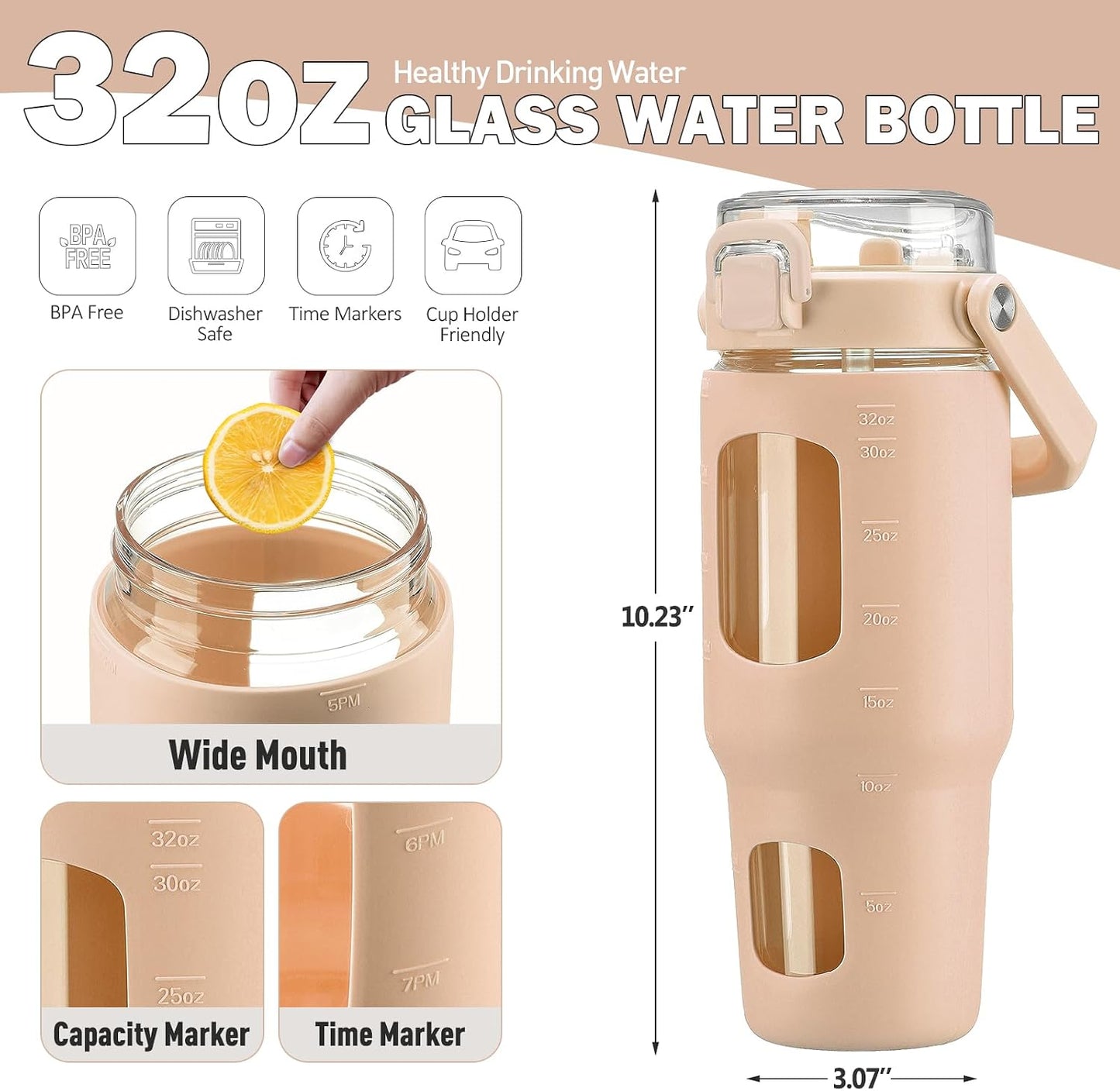 32oz Glass Tumbler with Lid and Handle, Iced Coffee Cup with Straws, Glass Water Bottle with Silicone Sleeve and Volume, Marker Glass Cup with Time Marking, BPA Free, Pink
