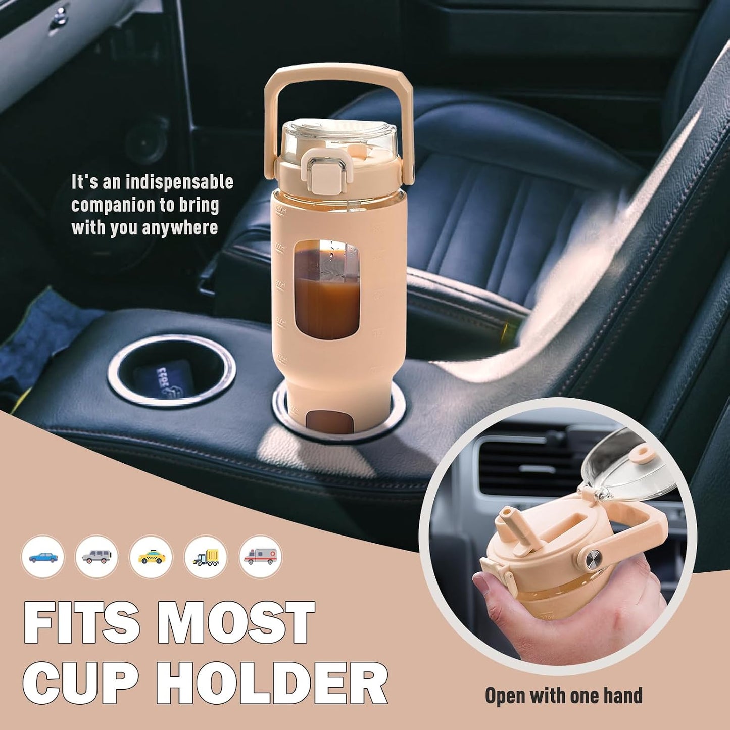 32oz Glass Tumbler with Lid and Handle, Iced Coffee Cup with Straws, Glass Water Bottle with Silicone Sleeve and Volume, Marker Glass Cup with Time Marking, BPA Free, Pink