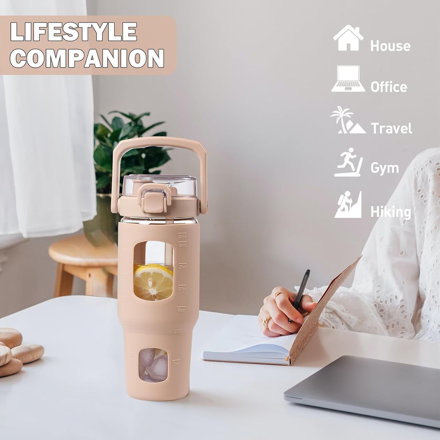 32oz Glass Tumbler with Lid and Handle, Iced Coffee Cup with Straws, Glass Water Bottle with Silicone Sleeve and Volume, Marker Glass Cup with Time Marking, BPA Free, Pink
