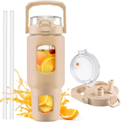32oz Glass Tumbler with Lid and Handle, Iced Coffee Cup with Straws, Glass Water Bottle with Silicone Sleeve and Volume, Marker Glass Cup with Time Marking, BPA Free, Pink